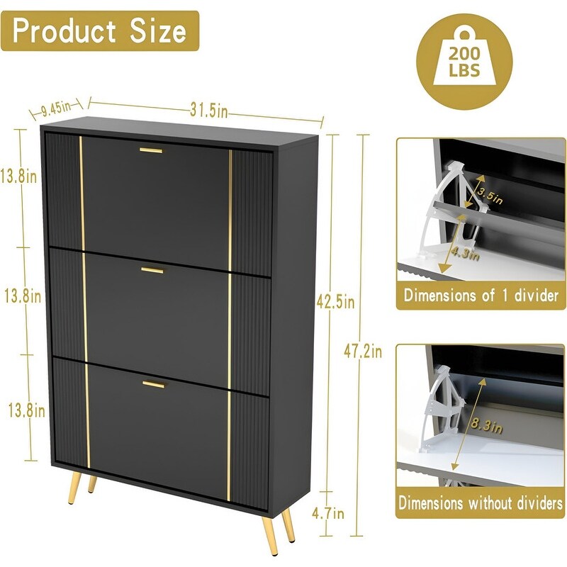 32 "W Entrance Flip Shoe Cabinet with Gold Stripe, 3 Drawers Light Luxury Vertical Shoe Rack