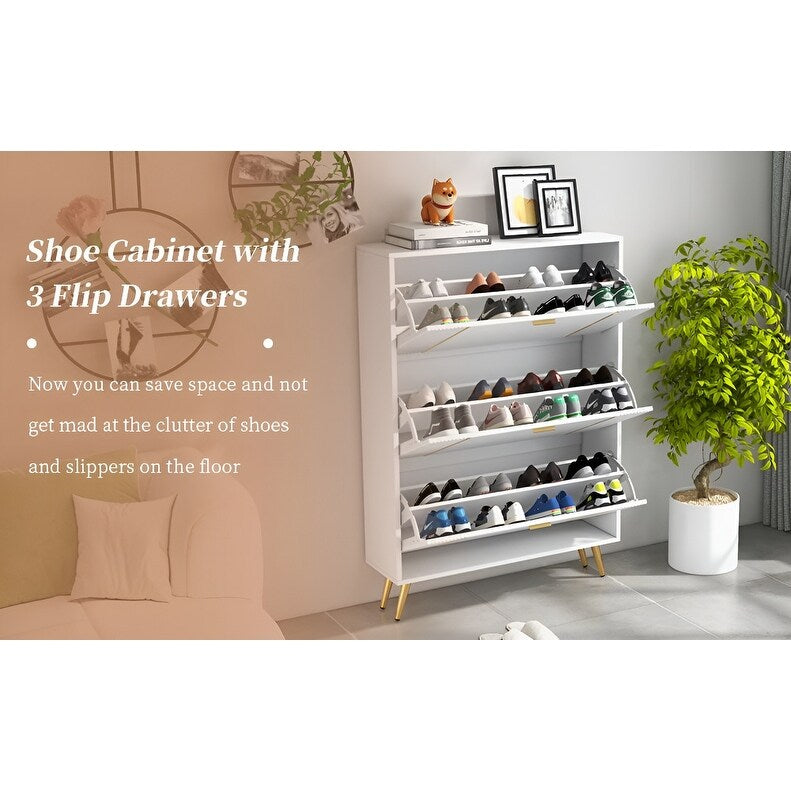 32 "W Entrance Flip Shoe Cabinet with Gold Stripe, 3 Drawers Light Luxury Vertical Shoe Rack