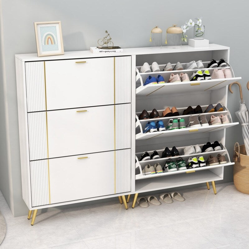 32 "W Entrance Flip Shoe Cabinet with Gold Stripe, 3 Drawers Light Luxury Vertical Shoe Rack