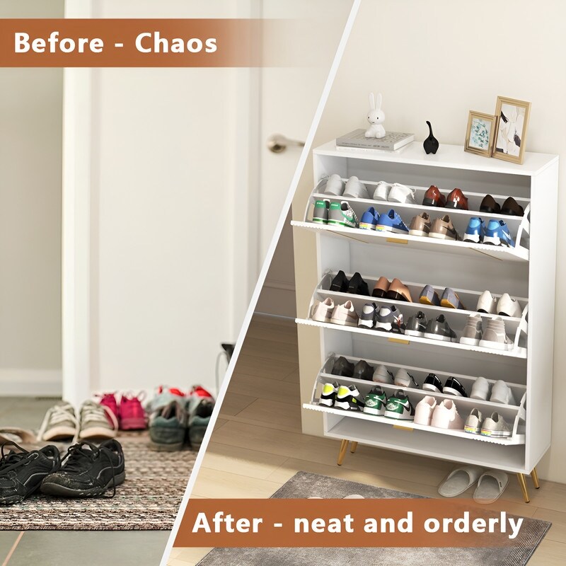 32 "W Entrance Flip Shoe Cabinet with Gold Stripe, 3 Drawers Light Luxury Vertical Shoe Rack