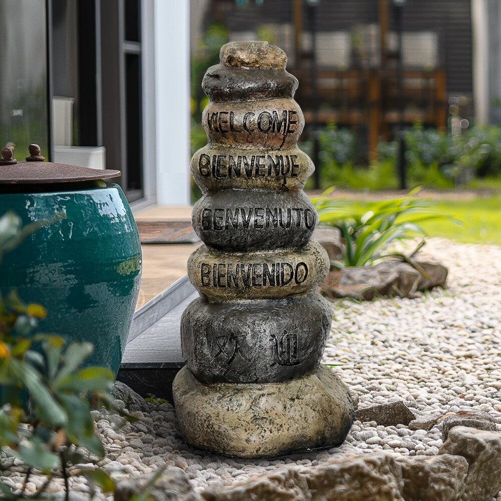 32.2in Stacking stones Garden Statues, Welcome Signs in Five Languages