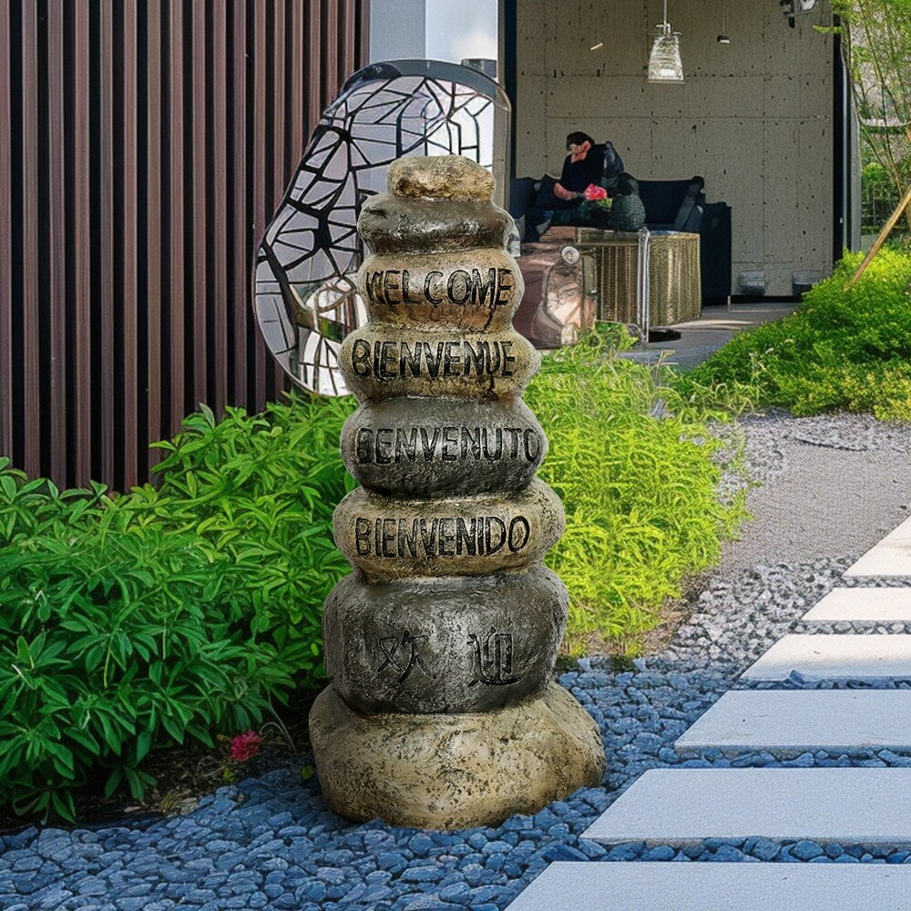 32.2in Stacking stones Garden Statues, Welcome Signs in Five Languages