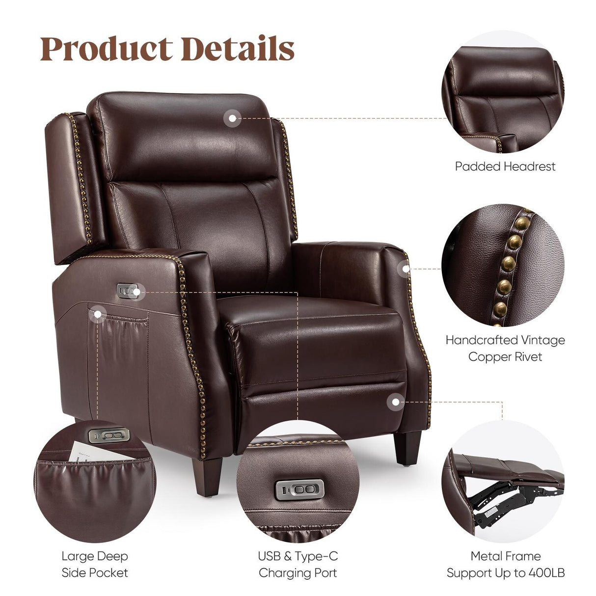 32.7" Wide Genuine Leather Recliner Power Club Recliner