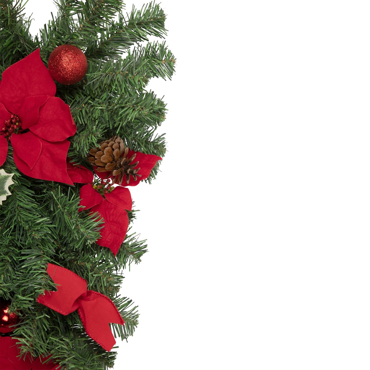 32" Red Poinsettia Pine Cone and Ball Artificial Christmas Teardrop Swag Unlit