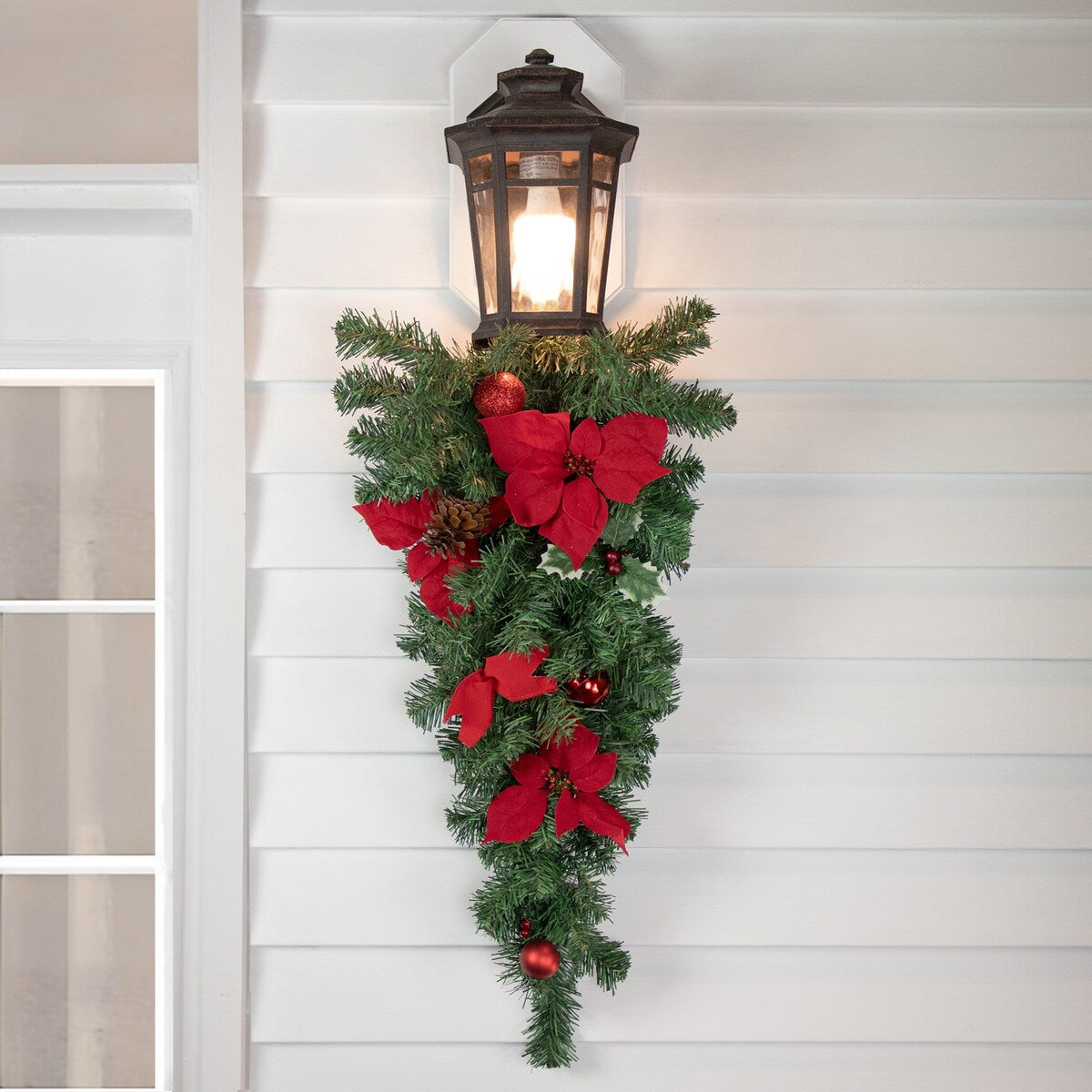 32" Red Poinsettia Pine Cone and Ball Artificial Christmas Teardrop Swag Unlit