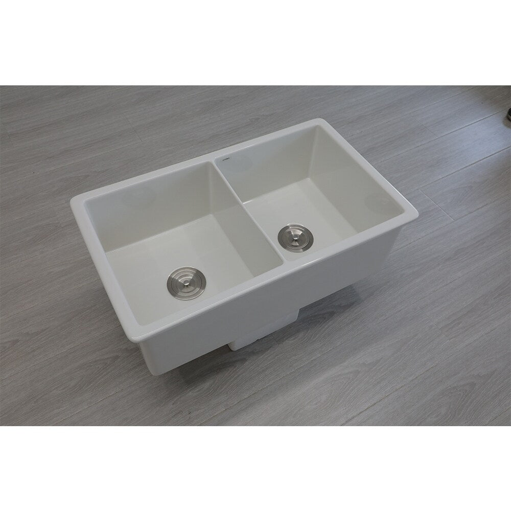 32" White Ceramic Undermount Double Bowl Ceramic Kitchen Sink