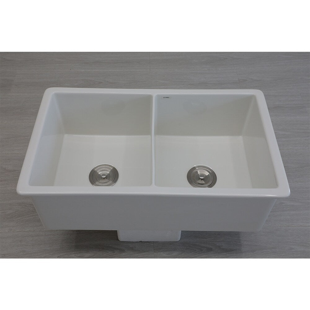 32" White Ceramic Undermount Double Bowl Ceramic Kitchen Sink