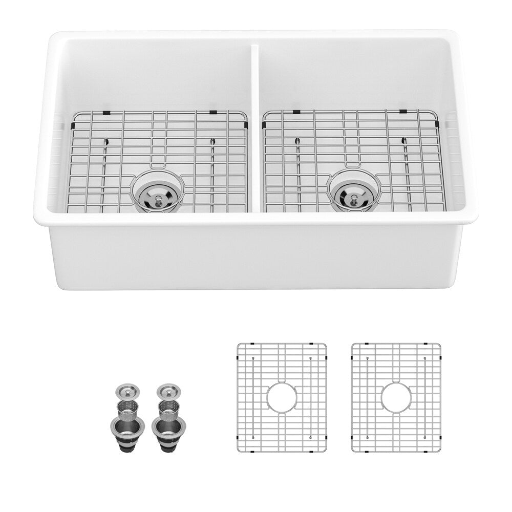 32" White Ceramic Undermount Double Bowl Ceramic Kitchen Sink