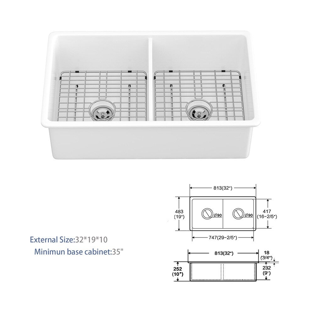 32" White Ceramic Undermount Double Bowl Ceramic Kitchen Sink
