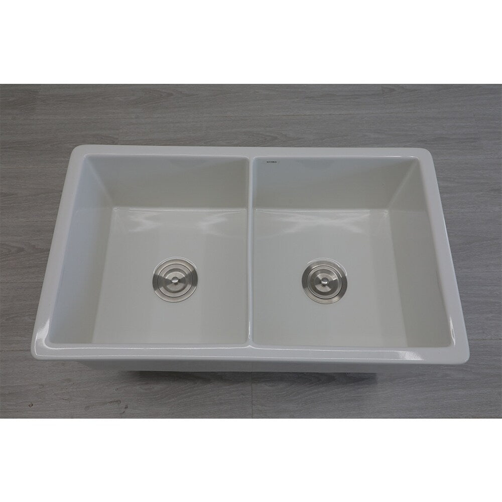 32" White Ceramic Undermount Double Bowl Ceramic Kitchen Sink