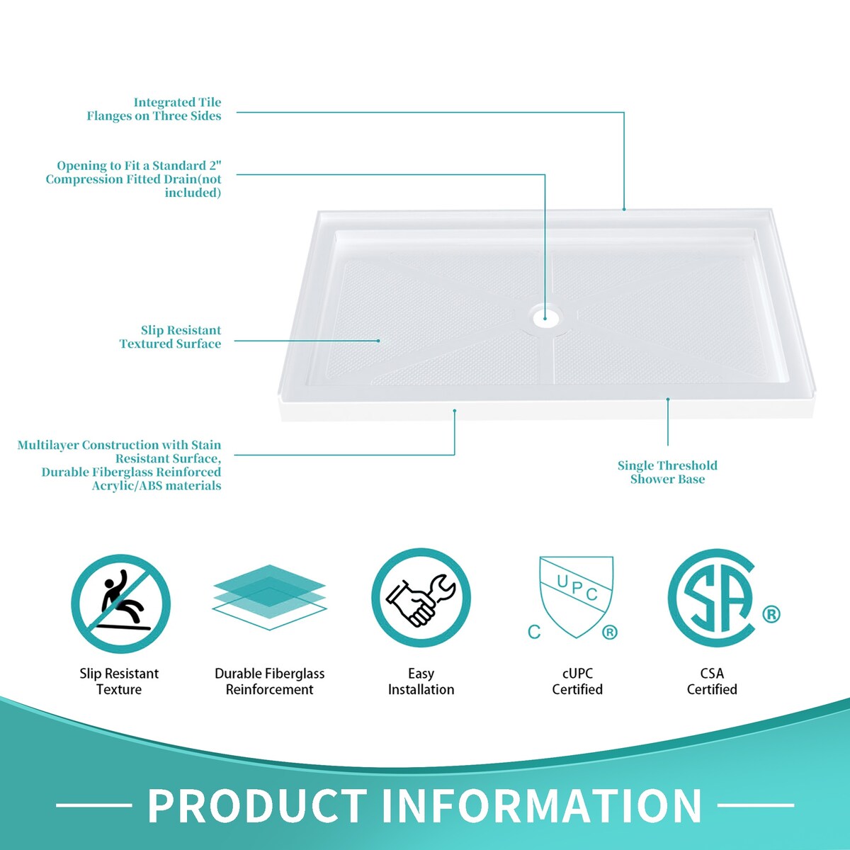 i-Homare 32" X 60" Single Threshold Rectangular Shower Base, Center Drain Location