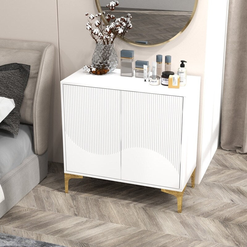 32"W WHITE Sideboard,Side Storage Cabinet with stripes,Accent Cabinet for Kitchen,Hallway,entryway