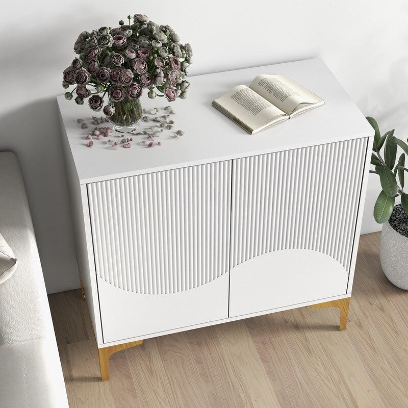 32"W WHITE Sideboard,Side Storage Cabinet with stripes,Accent Cabinet for Kitchen,Hallway,entryway