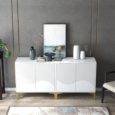 32"W WHITE Sideboard,Side Storage Cabinet with stripes,Accent Cabinet for Kitchen,Hallway,entryway