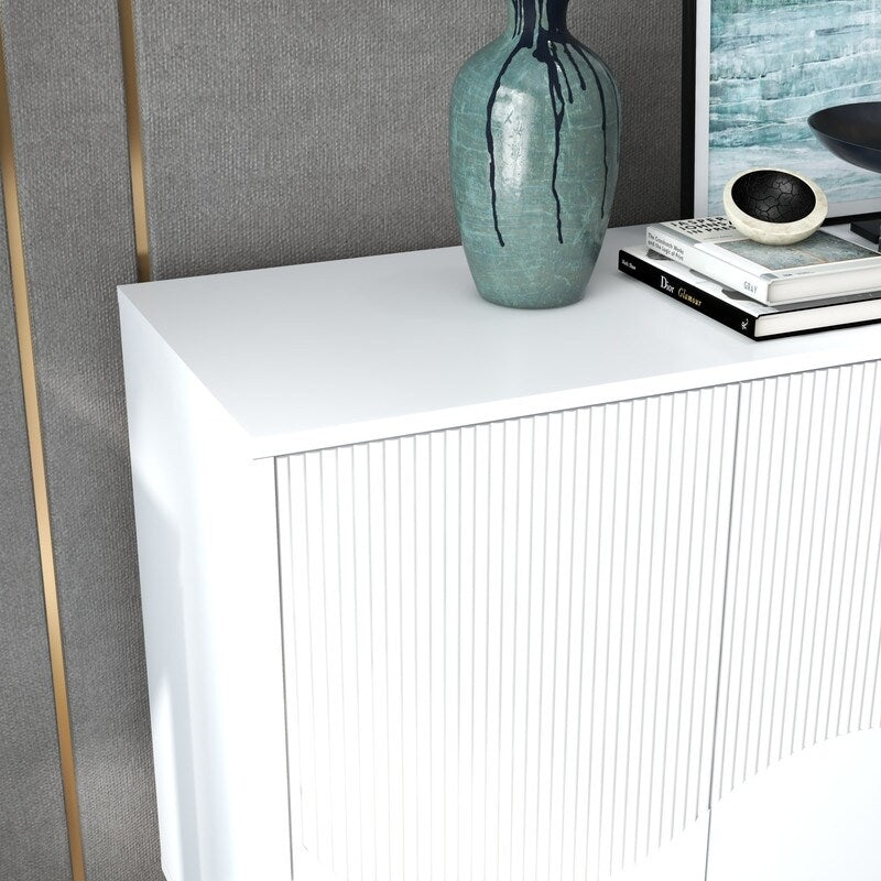 32"W WHITE Sideboard,Side Storage Cabinet with stripes,Accent Cabinet for Kitchen,Hallway,entryway
