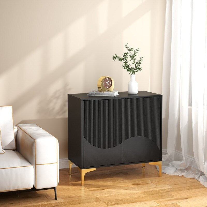 32"W black Sideboard,Side Storage Cabinet with stripes,Accent Cabinet for Kitchen,Hallway,entryway