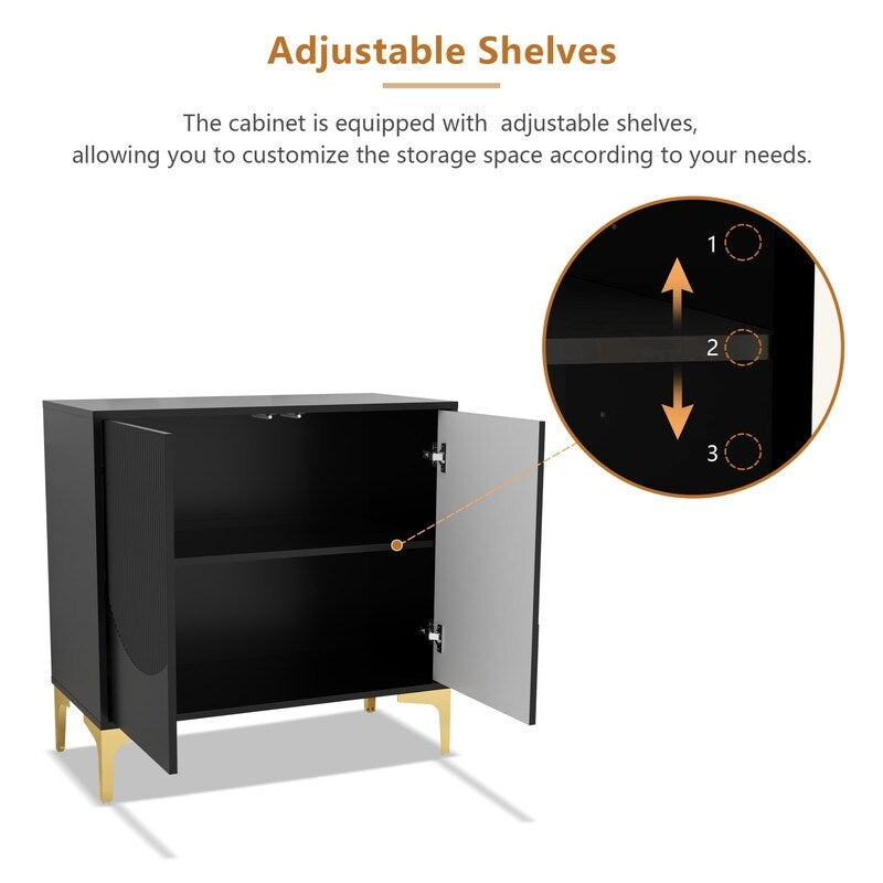 32"W black Sideboard,Side Storage Cabinet with stripes,Accent Cabinet for Kitchen,Hallway,entryway