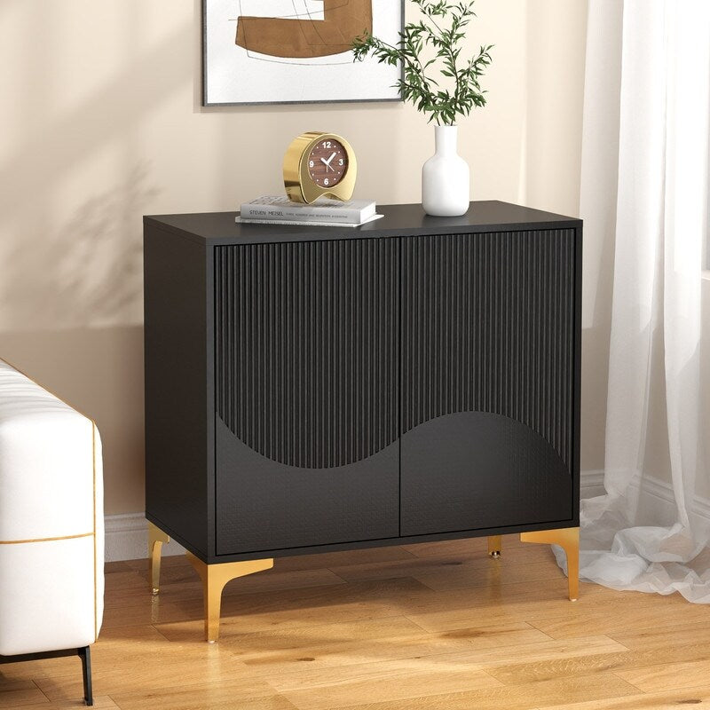 32"W black Sideboard,Side Storage Cabinet with stripes,Accent Cabinet for Kitchen,Hallway,entryway