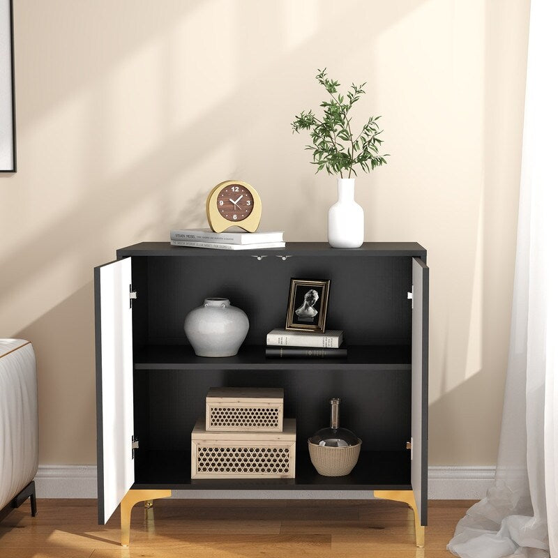 32"W black Sideboard,Side Storage Cabinet with stripes,Accent Cabinet for Kitchen,Hallway,entryway