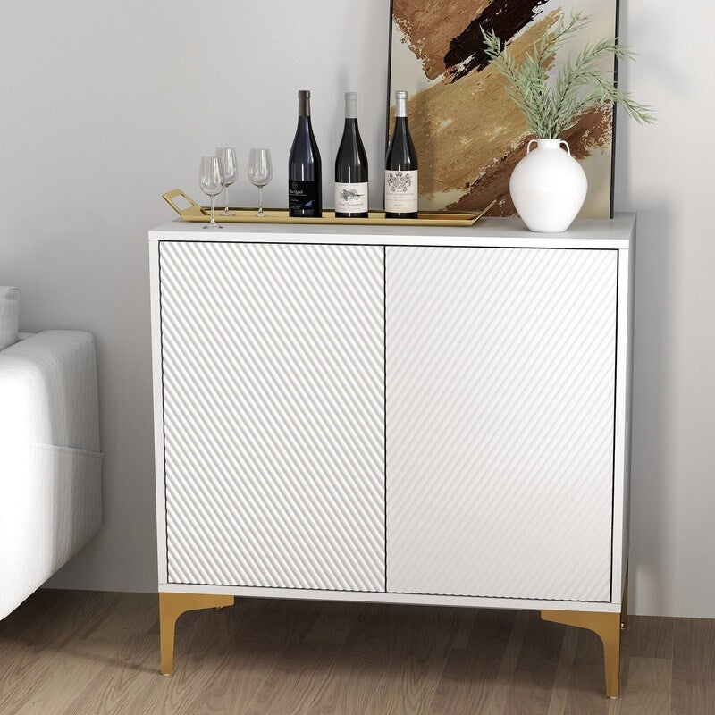 32"W white Sideboard,Side Storage Cabinet with diagonal stripes,Accent Cabinet for Kitchen,Hallway