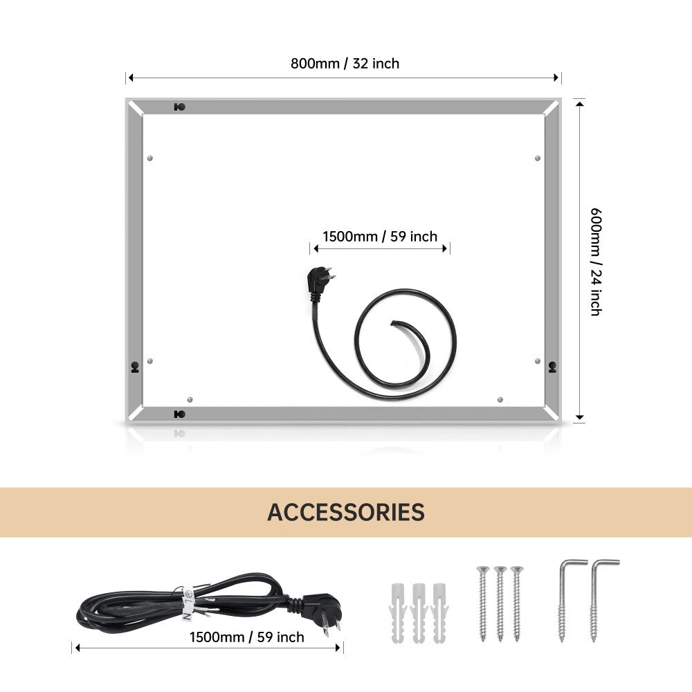 32*24 LED Lighted Bathroom Wall Mounted Mirror with High Lumen+Anti-Fog Separately Control - 32*24