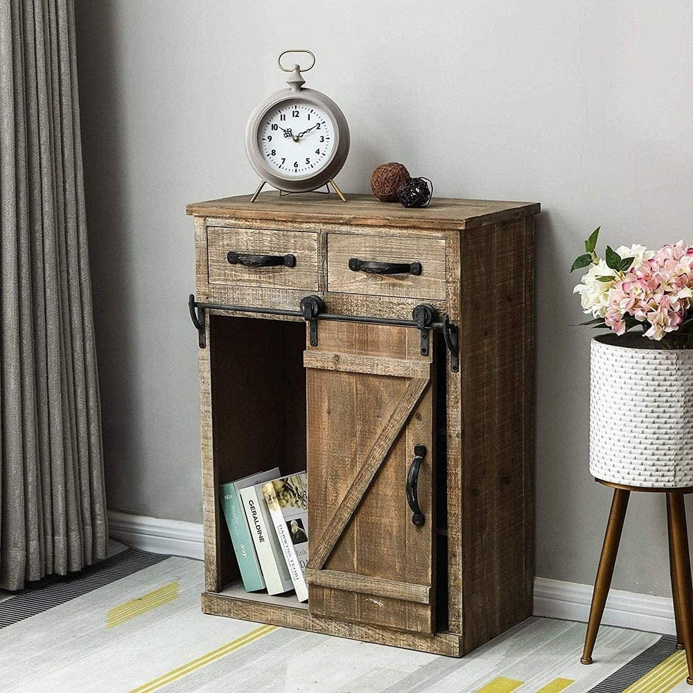 32''H Rustic Storage Cabinet with Sliding Barn Doors Hardware and 2 Drawers