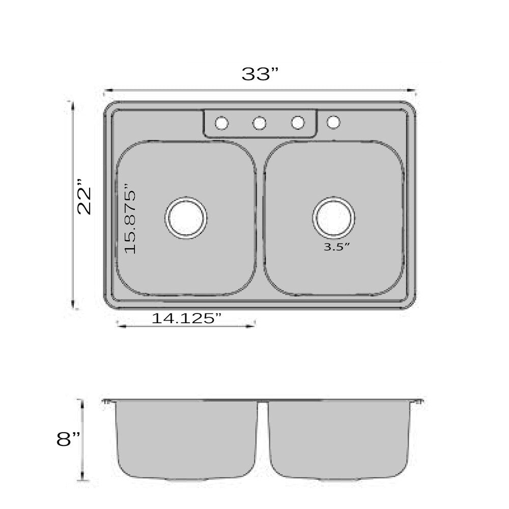 33 Inch Drop-In Stainless Steel Double Bowl Kitchen Sink - 33 x 22 x 8 inches