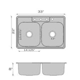 33 Inch Drop-In Stainless Steel Double Bowl Kitchen Sink - 33 x 22 x 8 inches