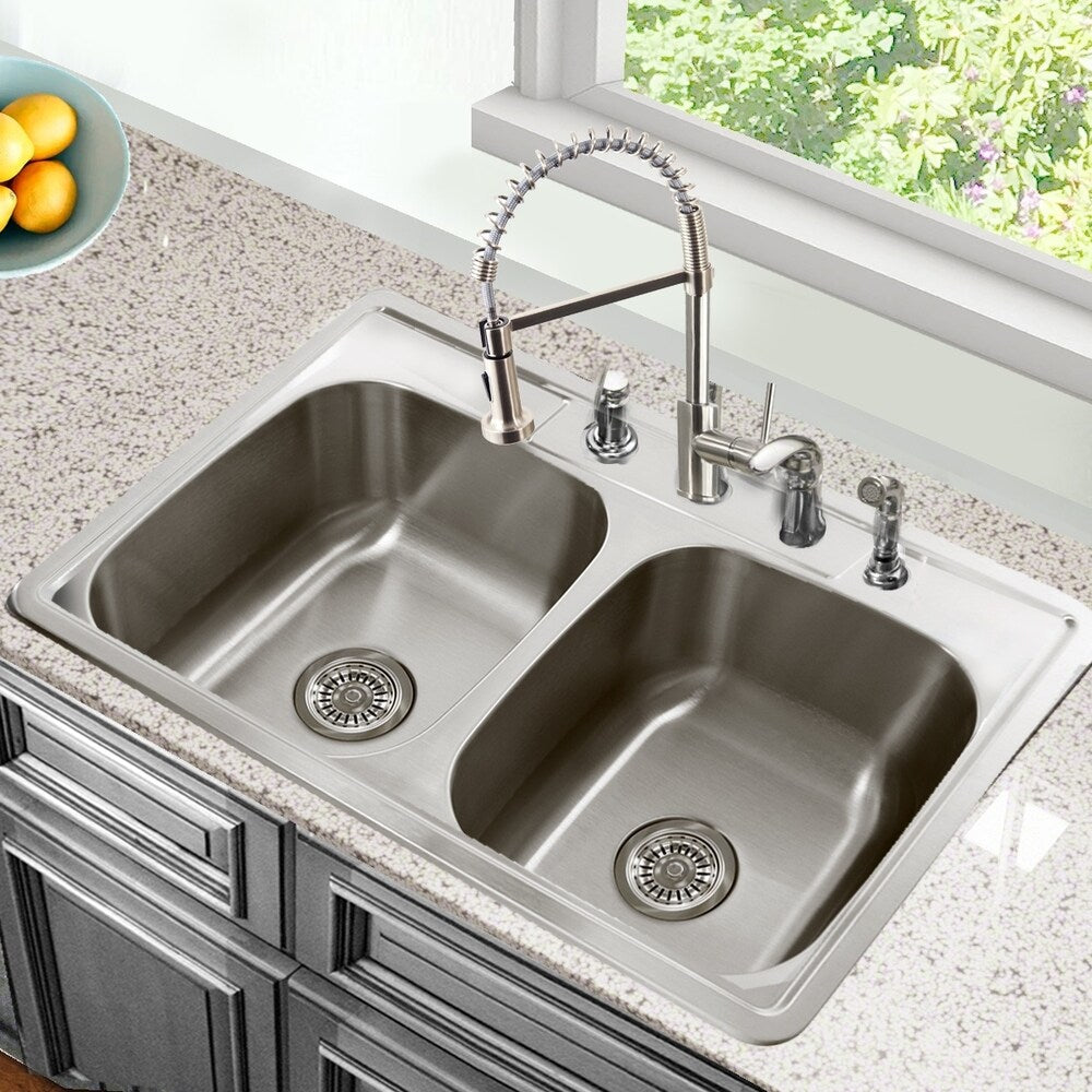 33 Inch Drop-In Stainless Steel Double Bowl Kitchen Sink - 33 x 22 x 8 inches