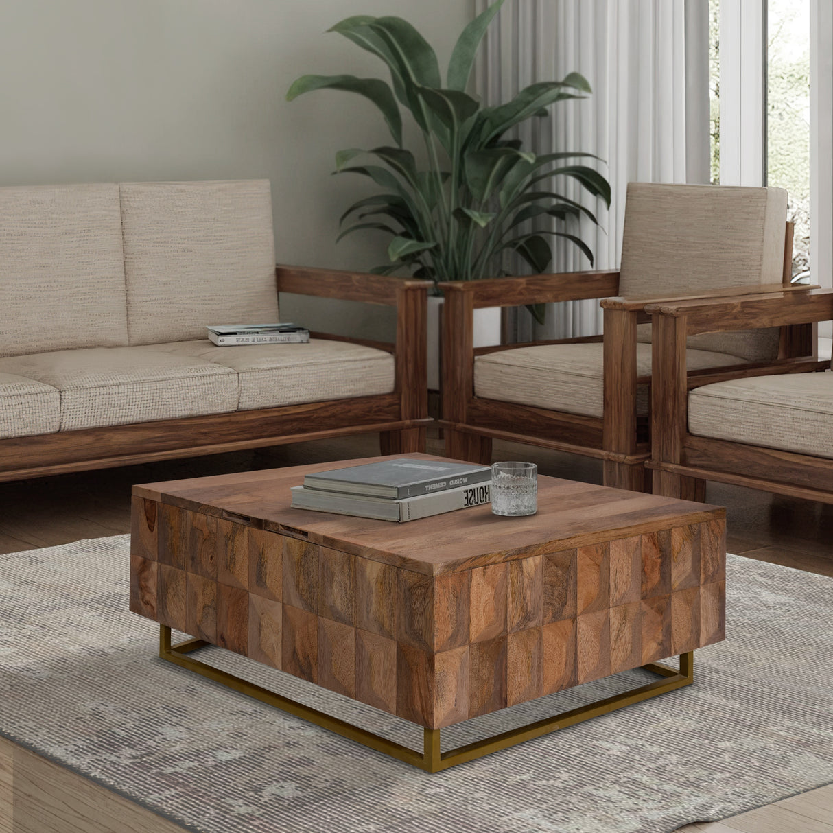 33 Inch Lift Top Storage Trunk Coffee Table, Square, Mango Wood, Natural Brown