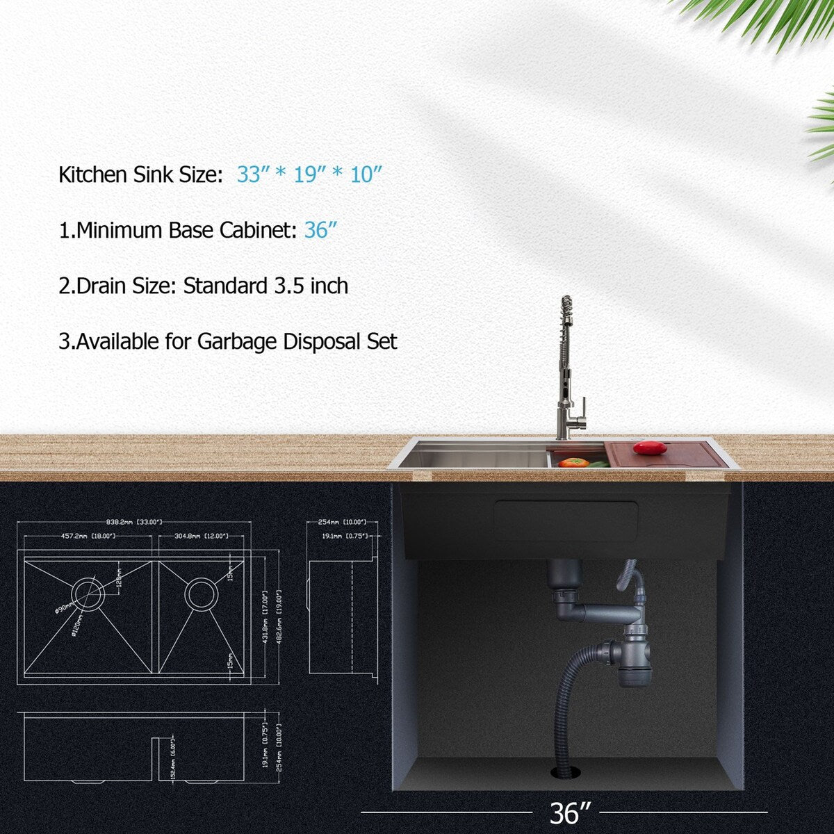 33 Inch Undermount Kitchen Sink Low Divide Double Bowl 50/50 Prep Workstation Sink 16 Gauge Stainless Steel Kitchen Sink Basin