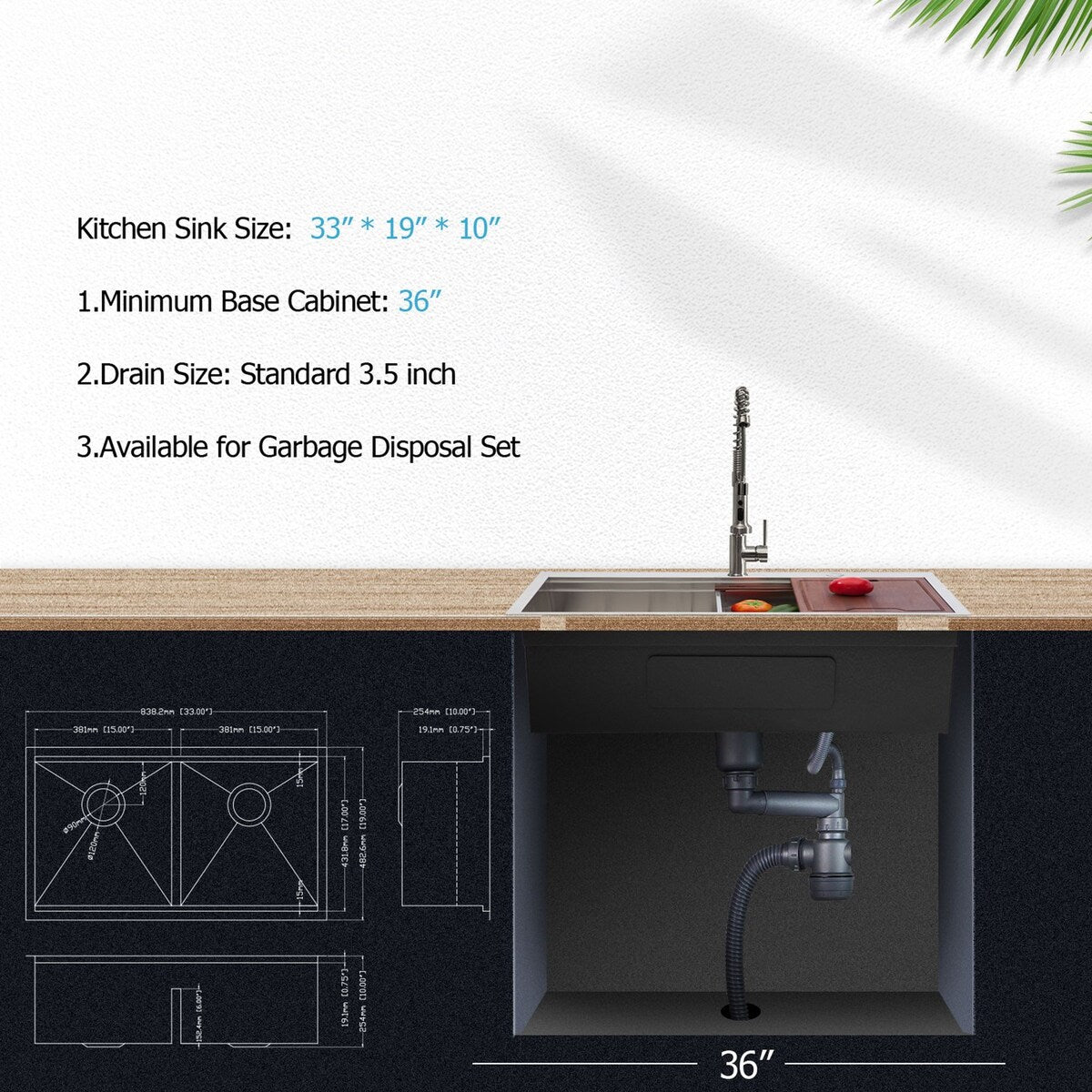 33 Inch Undermount Kitchen Sink Low Divide Double Bowl 50/50 Prep Workstation Sink 16 Gauge Stainless Steel Kitchen Sink Basin