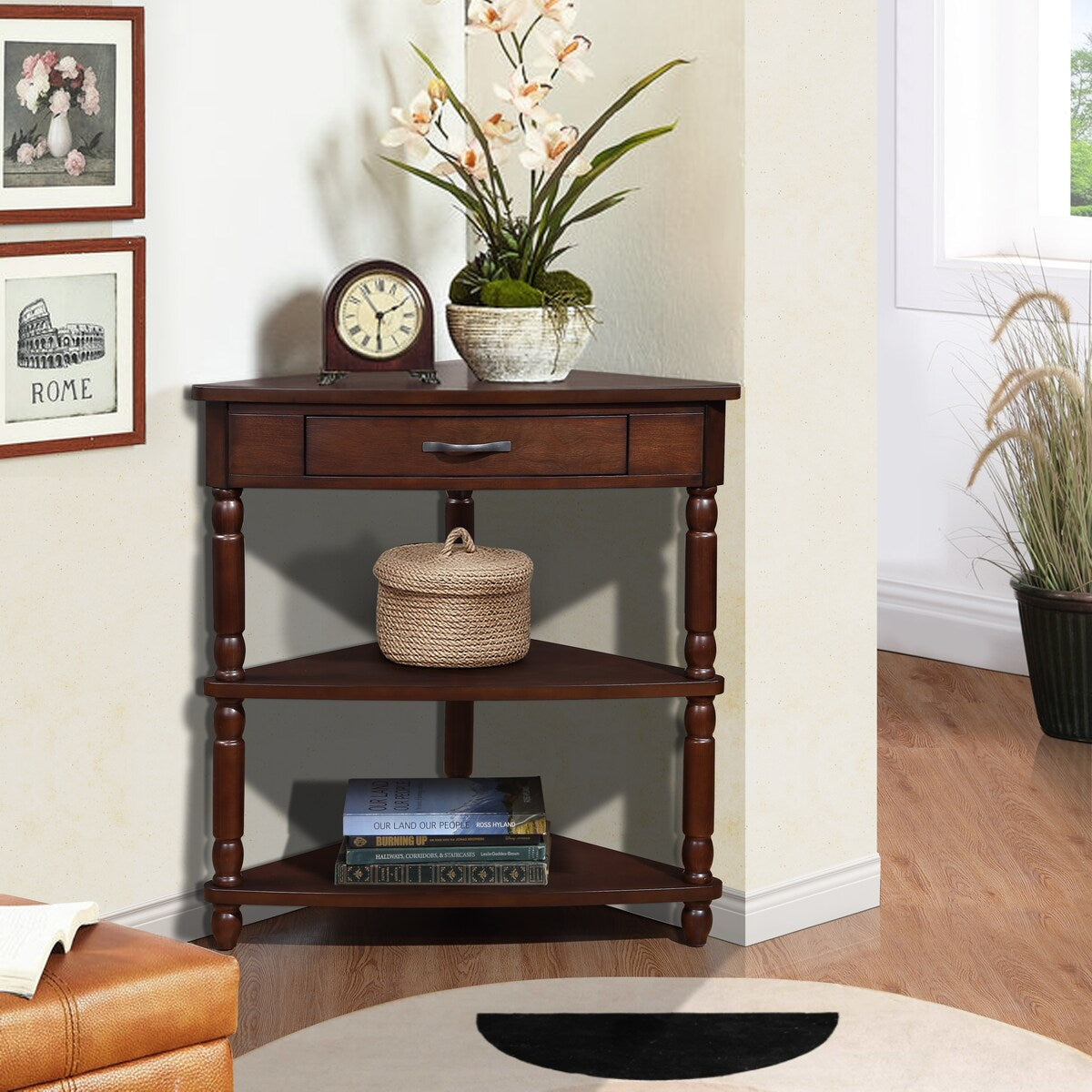 33.8"Small Triangle Corner Table,Wood Corner Side Table for Small Spaces,3 Tier End Corner Table with Solid Wood Legs
