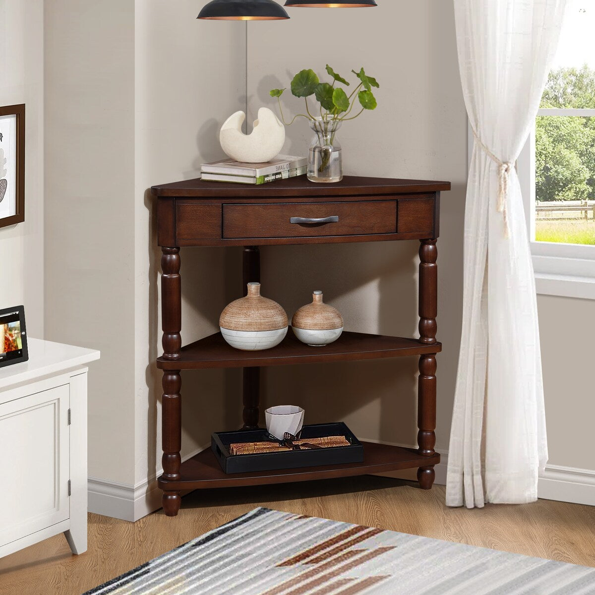 33.8"Small Triangle Corner Table,Wood Corner Side Table for Small Spaces,3 Tier End Corner Table with Solid Wood Legs
