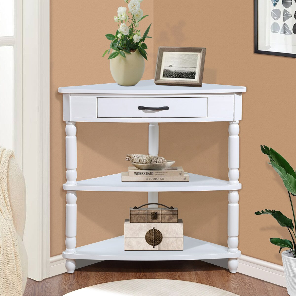 33.8"Small Triangle Corner Table,Wood Corner Side Table for Small Spaces,3 Tier End Corner Table with Solid Wood Legs