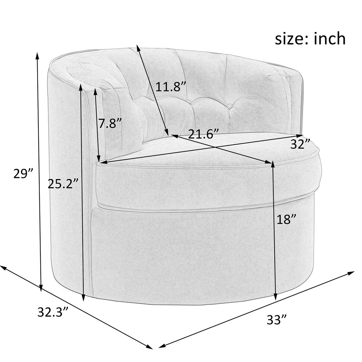 33" Wide Tufted Linen Swivel Barrel Chair