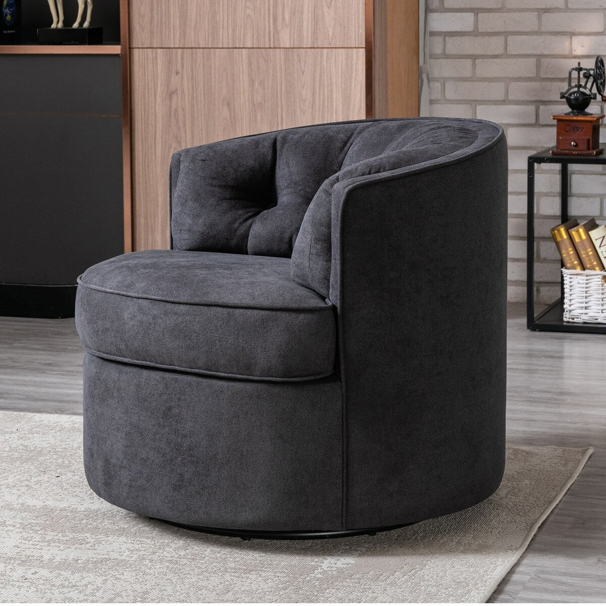 33" Wide Tufted Linen Swivel Barrel Chair