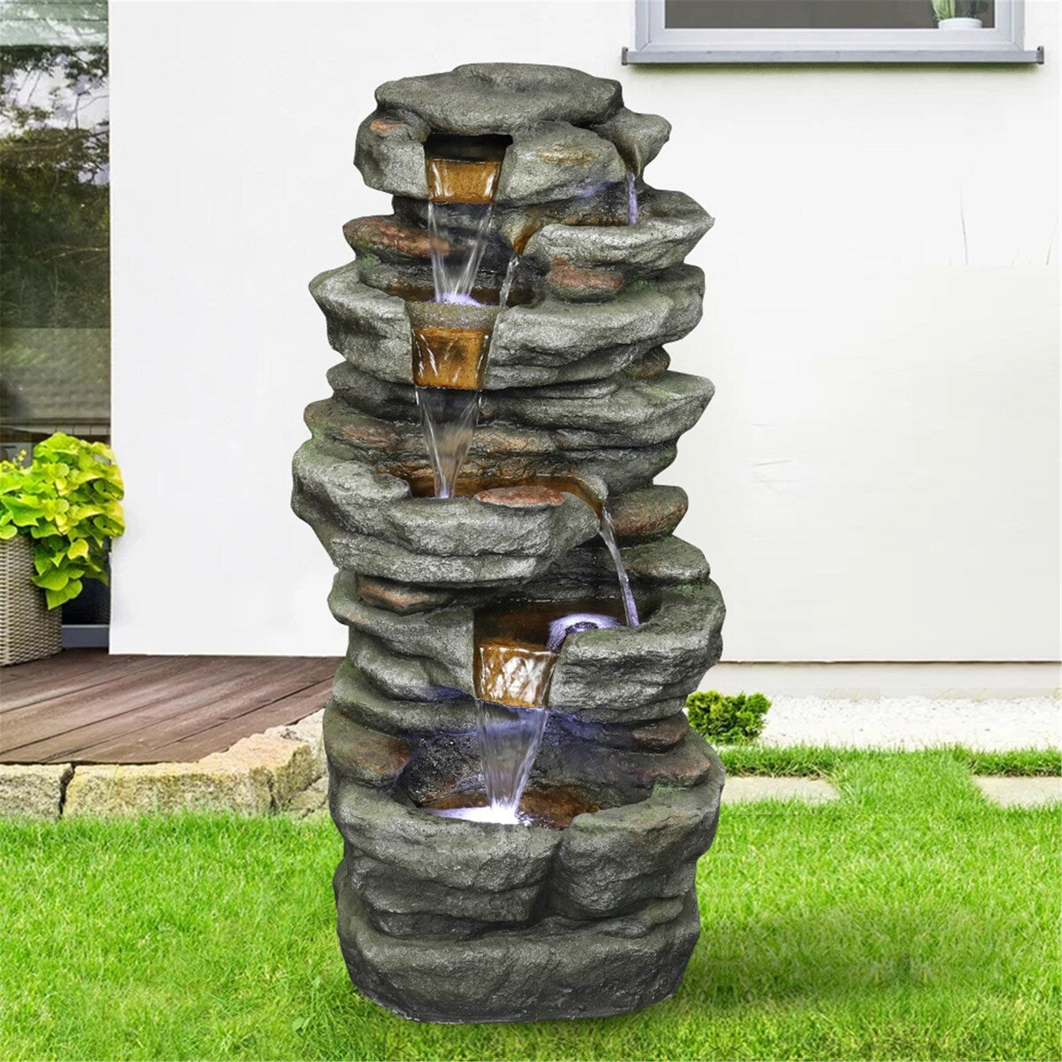 33"H Outdoor Rock Water Fountain with LED Lights