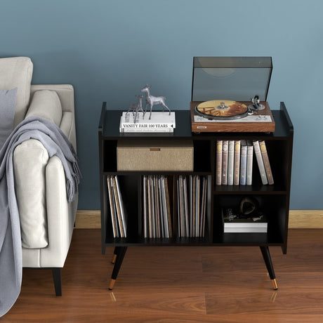 33"W Record Player Holder, Six Grid Record Table Cabinet Holder, Black Record Holder with Socket
