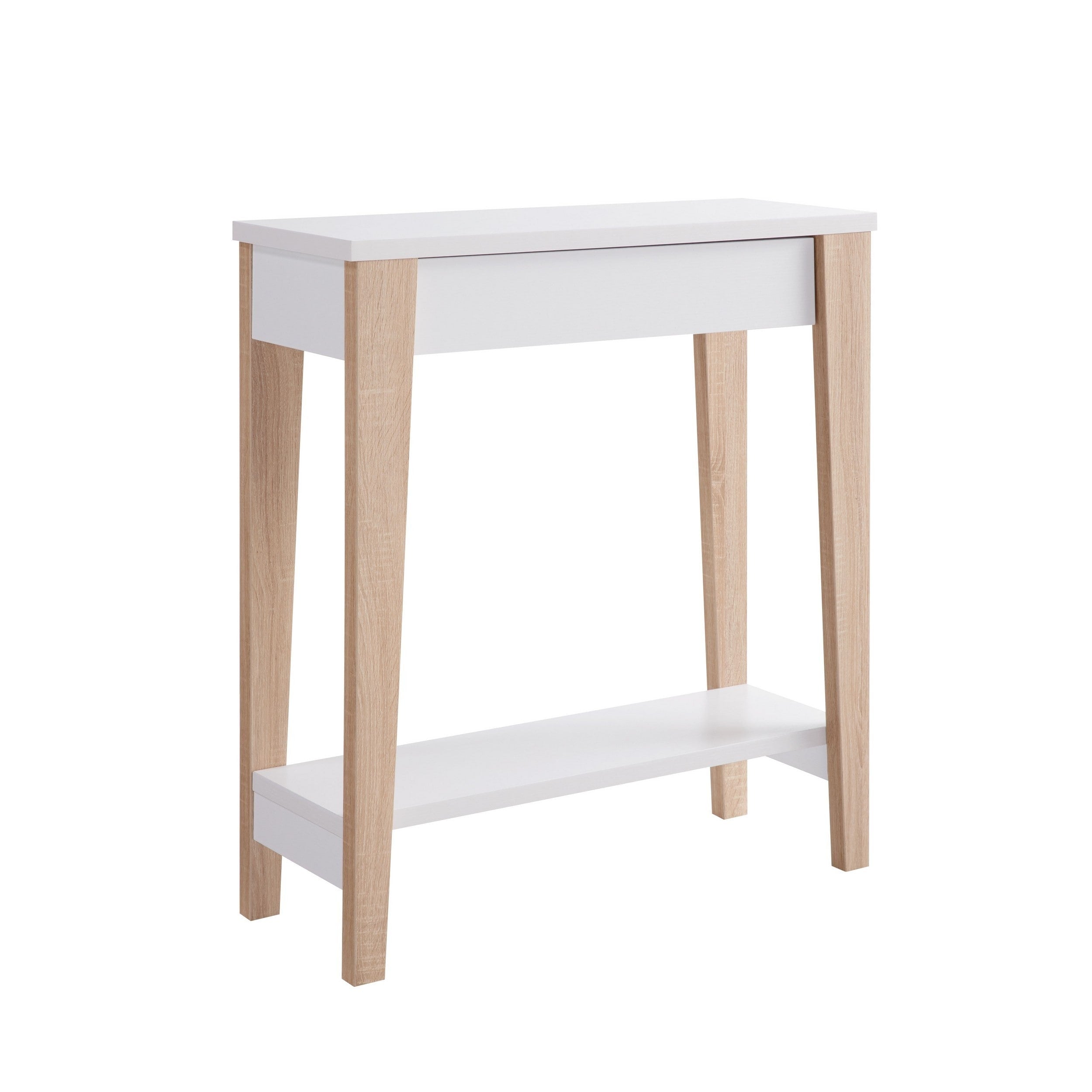 34 Inch Console Table with Drawer and Shelf Tapered Legs White Brow