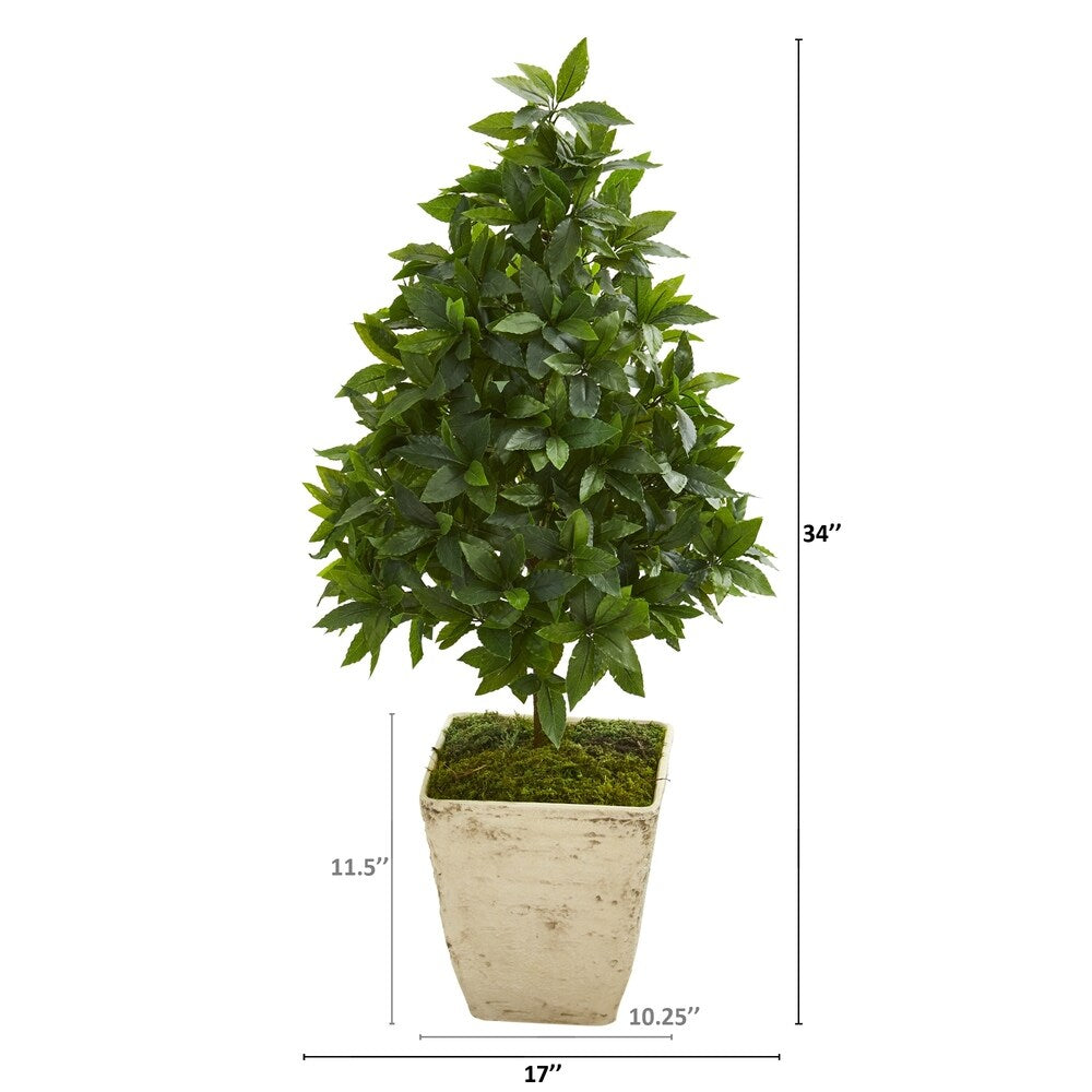 34" Sweet Bay Cone Topiary Artificial Tree in Country White Planter