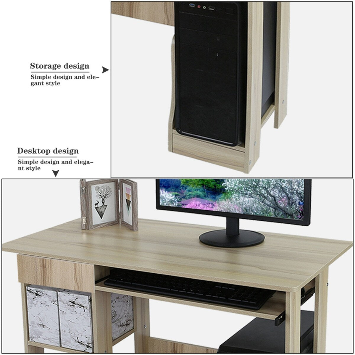 35 Inch PC Table Computer Desk Storage Shelves Drawer Keyboard Tray CPU Storage Small Spaces Living Room Khaki