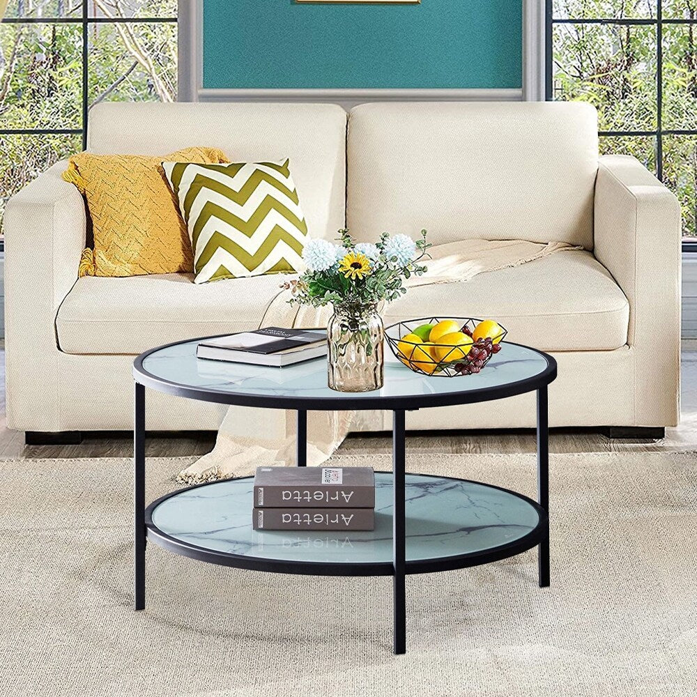 35.43 in. Glass Round Coffee, Sofa End Table Side Table - Set of 4
