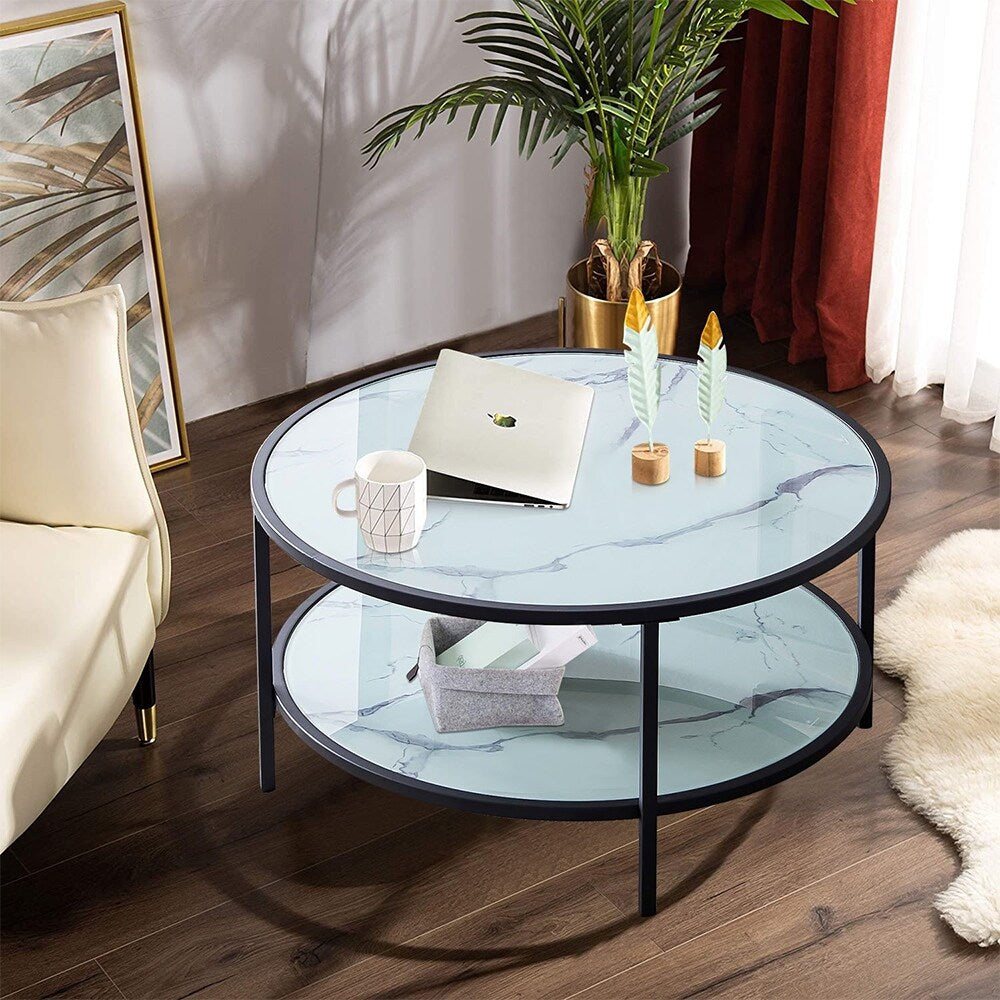 35.43 in. Glass Round Coffee, Sofa End Table Side Table - Set of 4