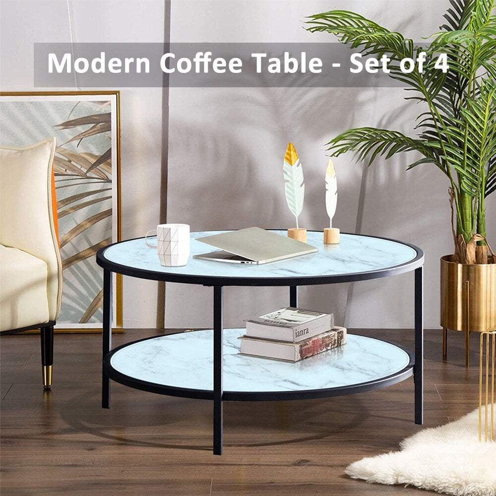 35.43 in. Glass Round Coffee, Sofa End Table Side Table - Set of 4