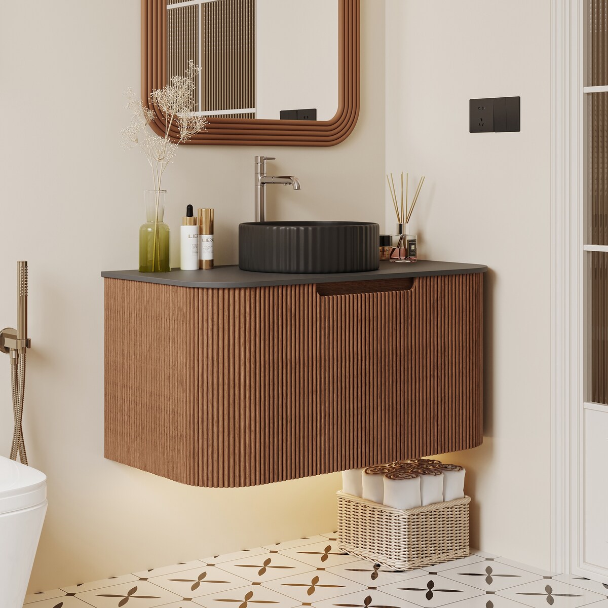 35.83'' Single Bathroom Vanity with Stone Top, Brown, 2 Drawers