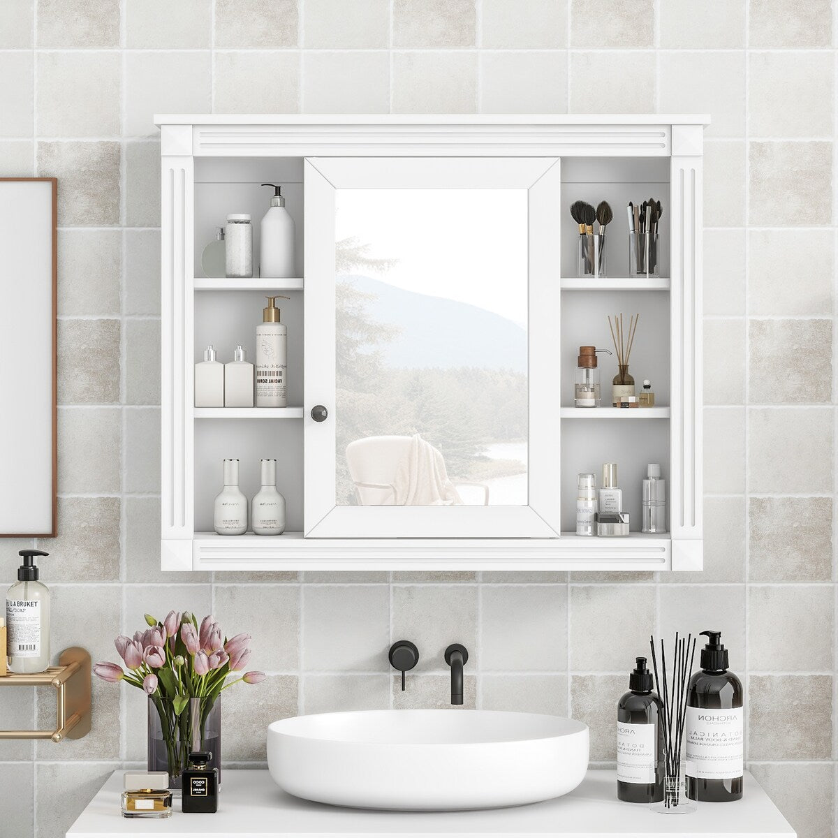 35'' x 28'' Wall Mounted Bathroom Storage Cabinet, Modern Bathroom Wall Cabinet with Mirror, Mirror Cabinet with 6 Open Shelves