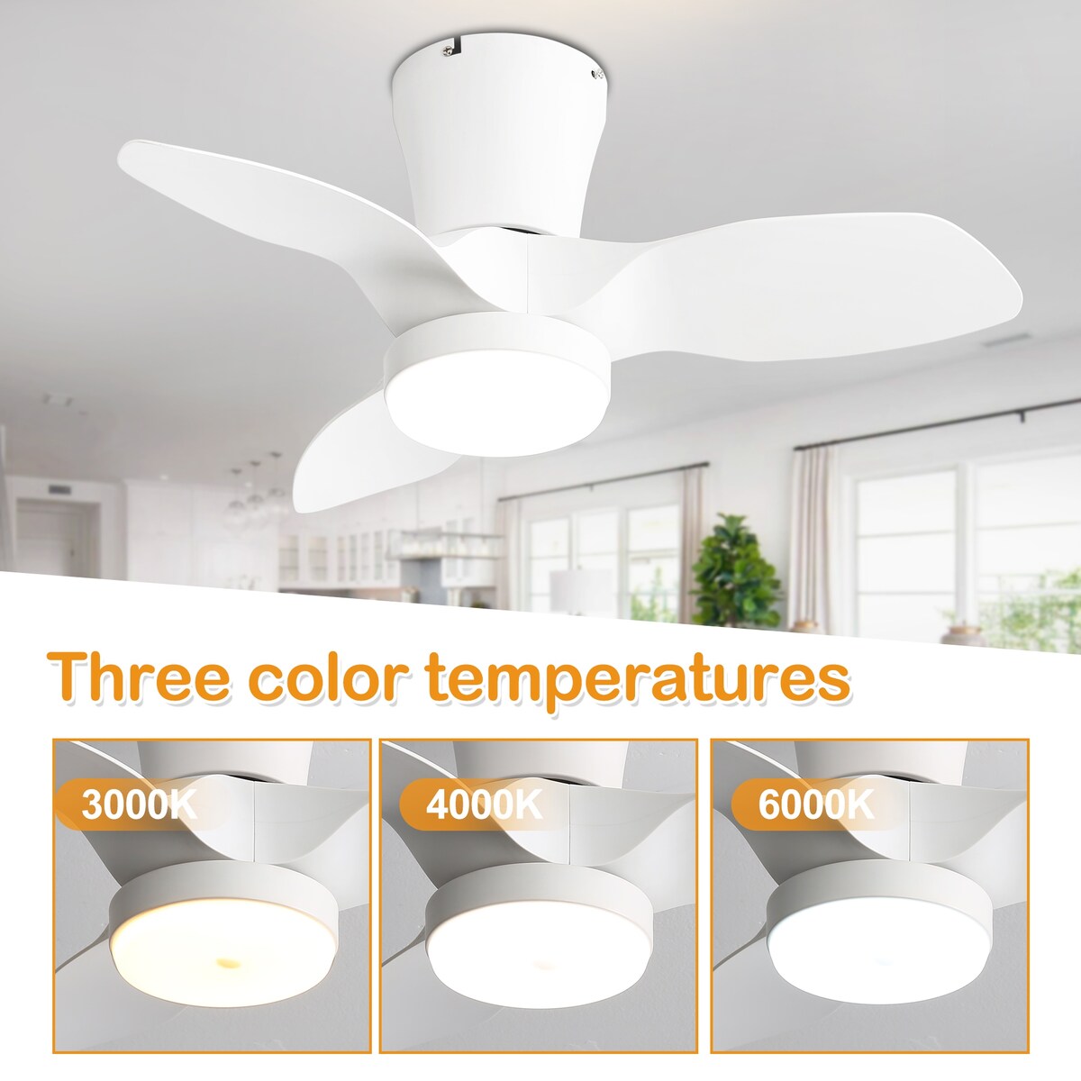 32 Inch Flush Mount LED Ceiling Fan with Lights Remote(3-Blade)