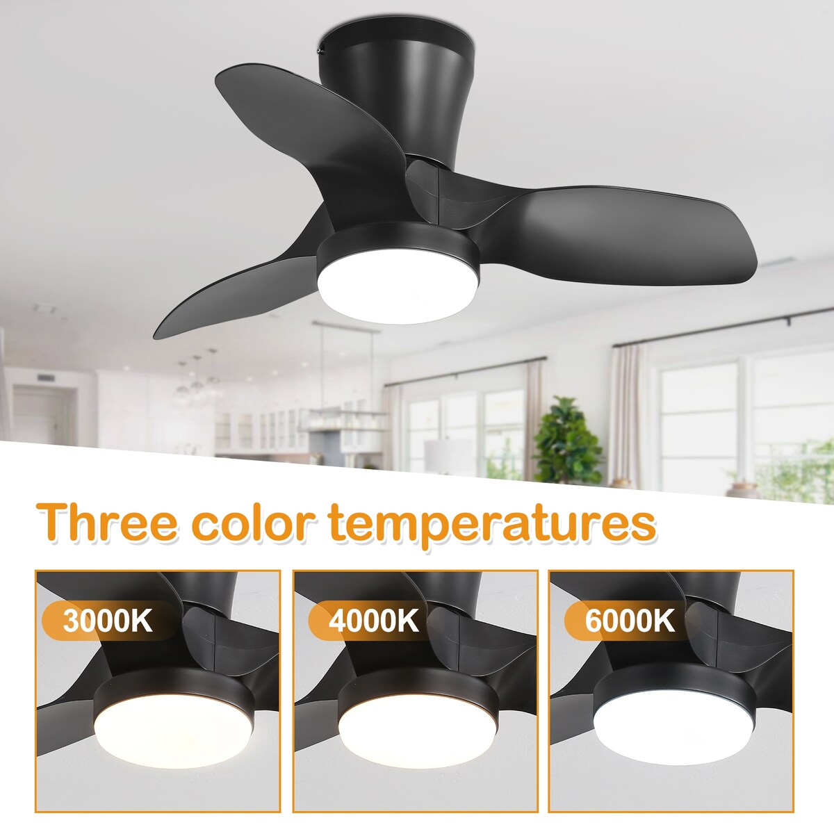 32 Inch Flush Mount LED Ceiling Fan with Lights Remote(3-Blade)