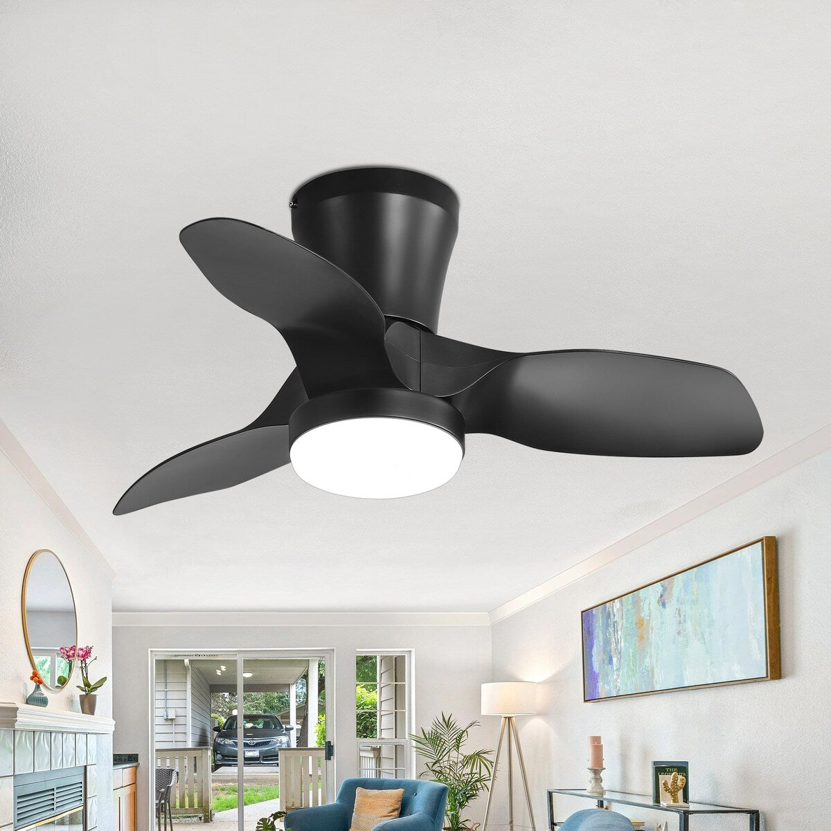 32 Inch Flush Mount LED Ceiling Fan with Lights Remote(3-Blade)